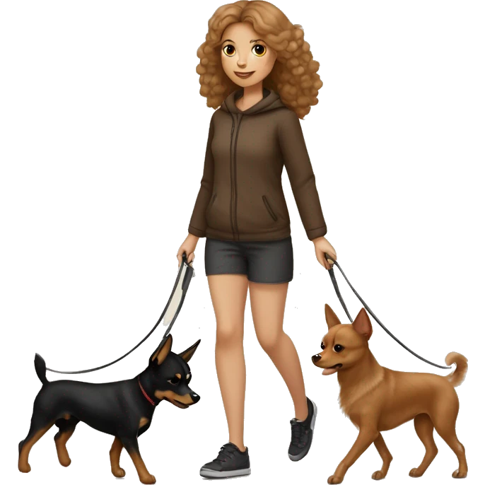 A light brown haired girl, walking one mini black and tan miniature Pinscher and one very big fluffy light brown Spitz on the lead emoji