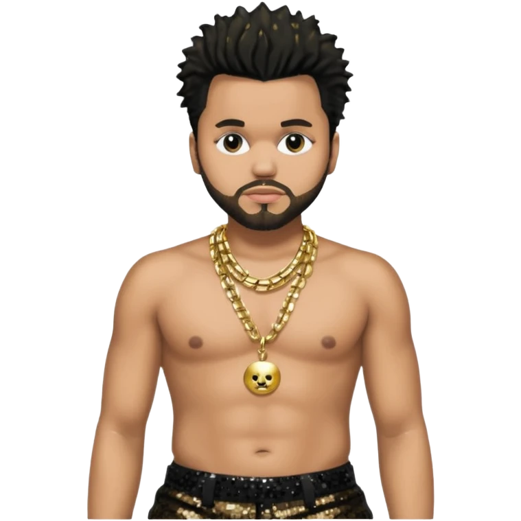 The Weeknd with black sequin baggy pants, shirtless with necklace emoji