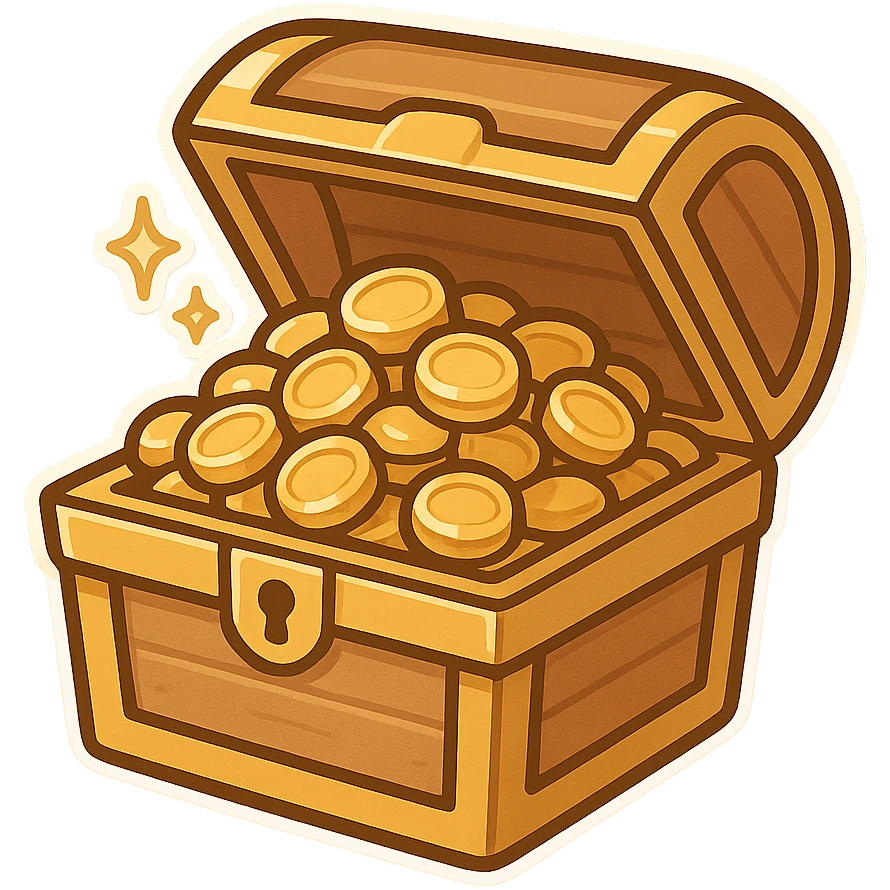 一个金色的宝箱，宝箱里面有许多金币 emoji