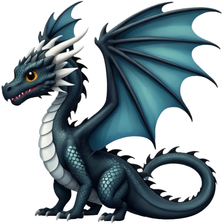 A dragon that is  black 🖤 with white spots. HUGE wings and a tail. Also realistic  emoji