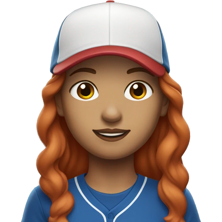 front facing standing up female coach with long red hair, wearing a white t-shirt and a simple baseball blue hat emoji