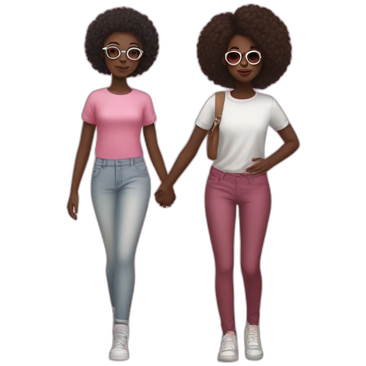 A young black-skinned woman with natural African hair dressed in classic clothes and a young girl with white skin wearing big pink glasses and streetwear clothes who are both holding hands emoji