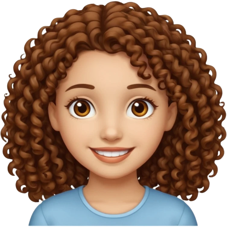 chica con piel clara sonriendo, ojos marrones y pelo marrón con rulos emoji