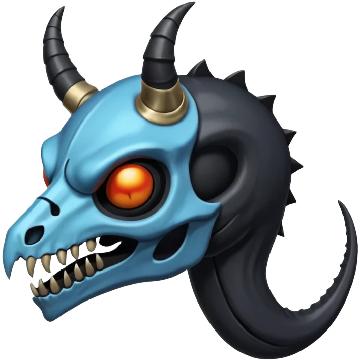Shiny Dark Edgy  Duskull-Salandit-Inteleon-Amaura-Fakémon-hybrid-creature (full body) with a horned animal-skull-mask emoji