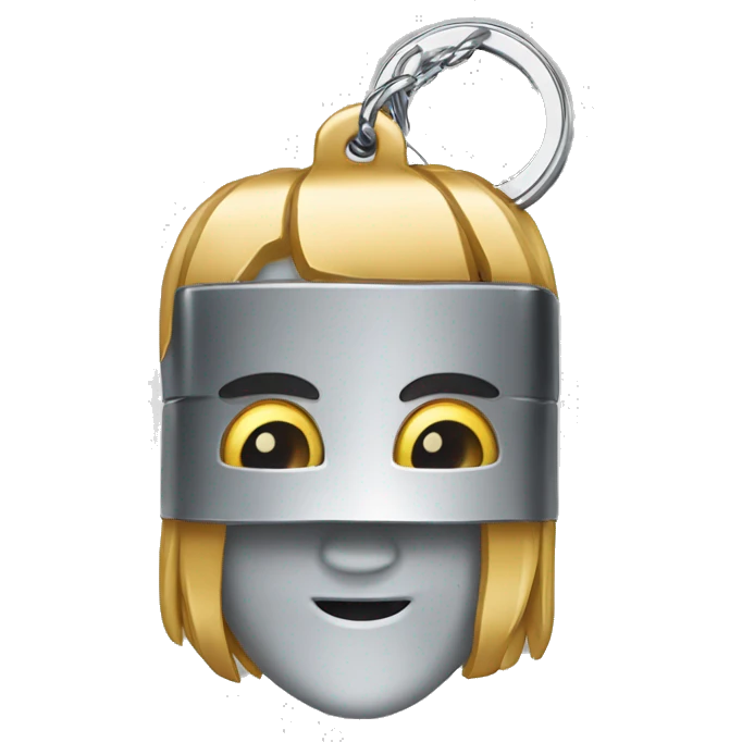 
metal billet with face holding a keychain emoji