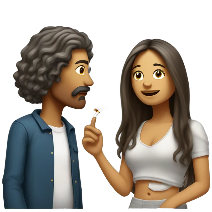 half white half mexican girl with long hair smoking a cigarette with a white guy homeless man as they chat emoji