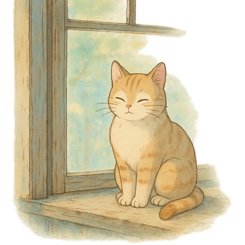 cat sitting on a windowsill in ghibli style, detailed, soft colors, whimsical atmosphere emoji
