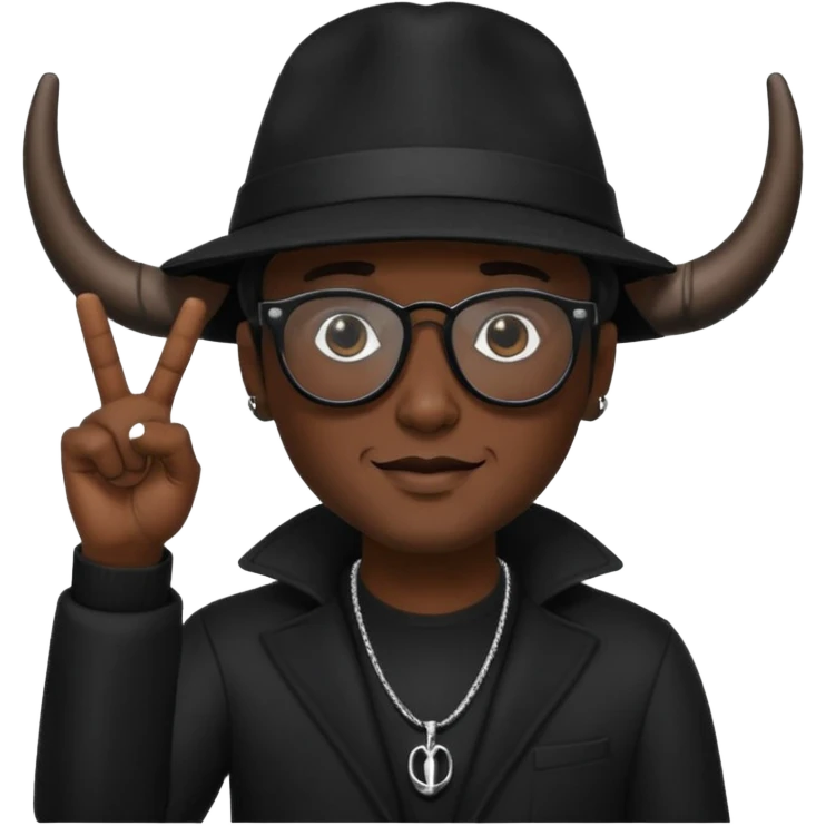 man dressed in black with dark glasses black Lens and a black hat hwo making the horns gesture on each  hands emoji