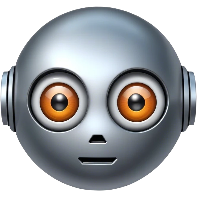 A disembodied robot head, spherical, with a screen for a face, with big eyes emoji
