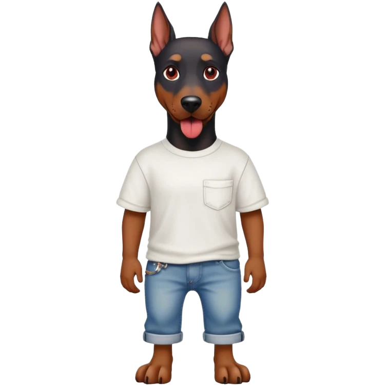 Generate a emoji of a big evil doberman dog with red eyes and a tongue sticking out, give the doberman a human body with a white shirt and baggy jeans, make the doberman have piercings emoji