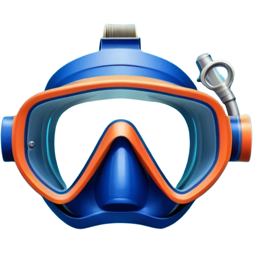 An icon featuring a close-up of a diving mask, snorkel, and fins floating on the surface of vibrant blue water. In the background, coral reefs and tropical fish create a lively underwater scene. Transparent background highlights the beauty and adventure of the diving experience. emoji
