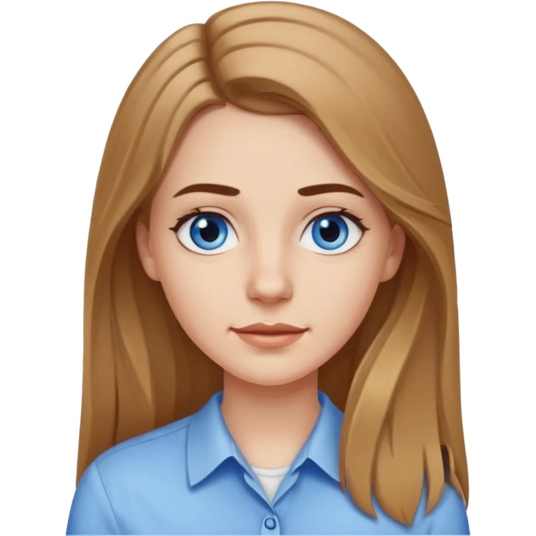 A pretty white girl with long slightly light brown hair dark eyebrows and braces and blue eyes wearing a white shirt and she has a long face emoji