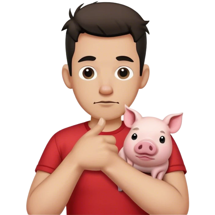 man with rock and roll hand symbol but thumbs tucked in and its facing down and the man is wearing a red shirt with a white pig on it emoji