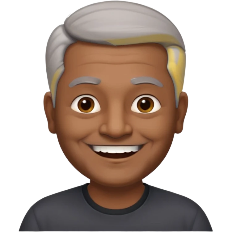 50 yr old indian man, dark skin, grey hair, big smile, white teeth, chubby, no moustache, clean shaven, young style hair, hair brushed back, 5 oclock shadow emoji