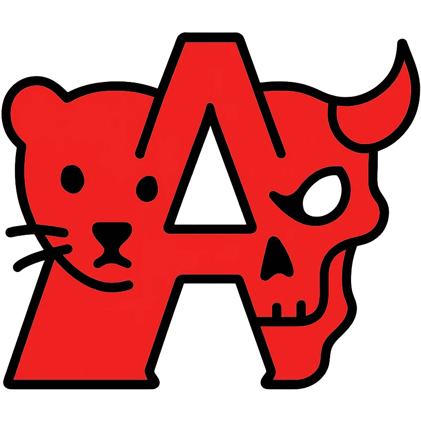 a minimalist design with the left half showing simplified stoat face outlines and right half showing simplified minotaur skull with broken horn and glowing eye, with a clear negative space in the shape of the letter A in the middle where the halves meet, everything visible is red, with ample empty space emoji