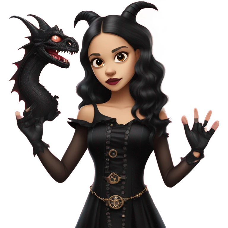 healthy standing flirty Lavish black evening gown with see-through gloves, Jenna Ortega as Addams woman wearing a steampunk mini tiara, very large blood moon pink evil-looking horned old dragon emoji