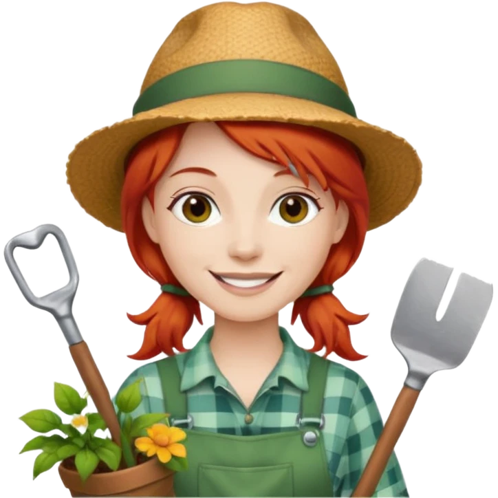 red hair gardener holding gardening tools, with hat emoji