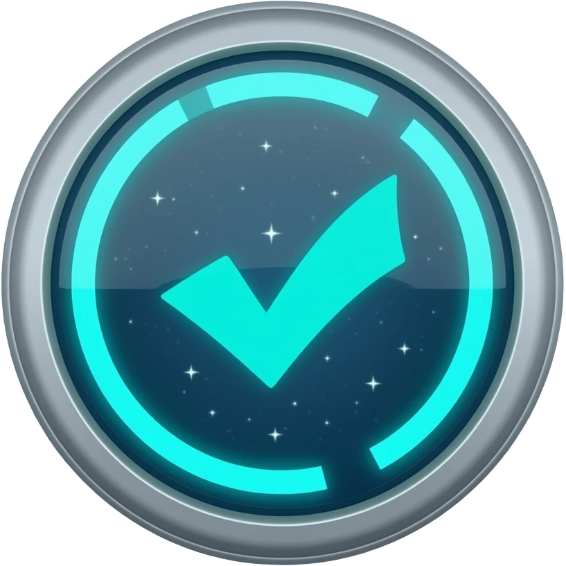 Tech-style medical icon, thin neon mint green checkmark inside a circular digital scanning HUD, double rings, floating in space, semi-transparent frosted glass effect, isolated, professional, clinical look, sharp lines. emoji
