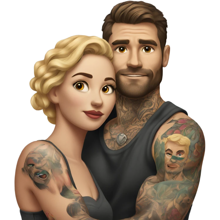 Hyper Realistic beautiful woman in the arms of a very handsome tattooed man  emoji