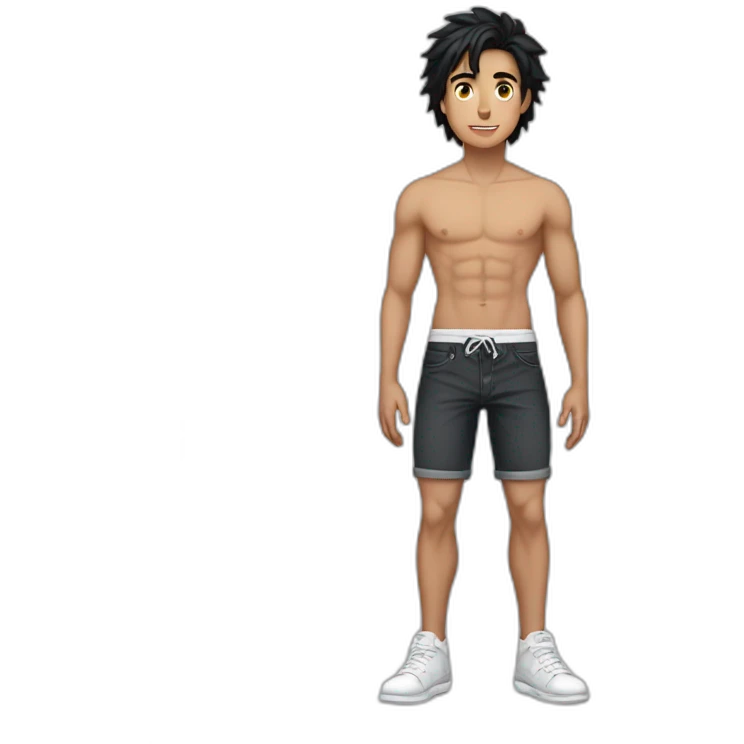 Guy, 20 y.o., black hair, amber eyes, white skin, full body with legs, without shirt, fit, abs emoji