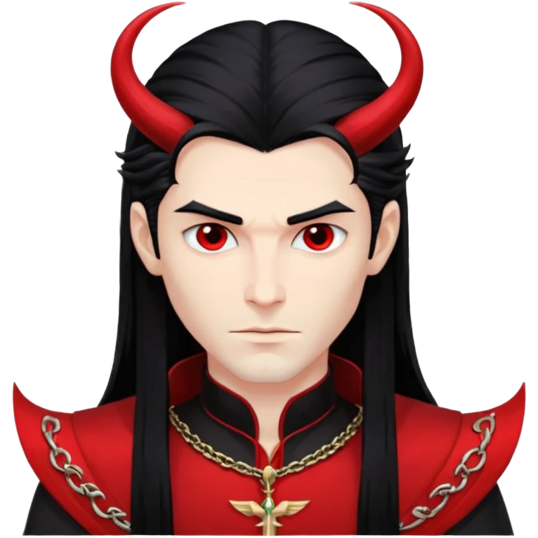 Lucifer, Prince of Darkness from Gods and Goddesses with long black hair, black and red outfit emoji