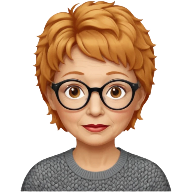 woman 70 years old, very short strawberry blonde weavy hair, brown eyes and round dark glasses emoji