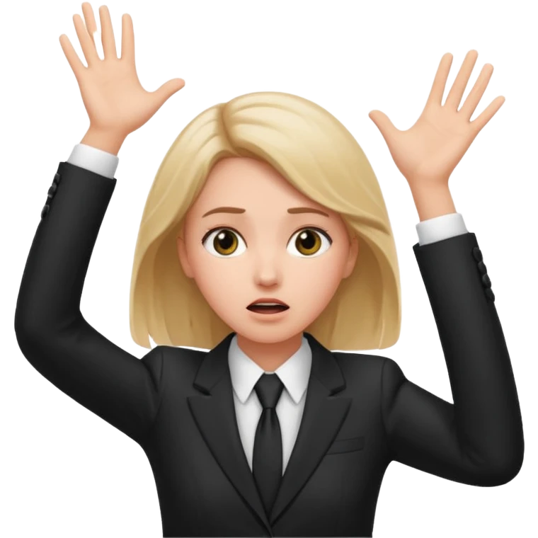 white girl in formal suit surprised, hands on head emoji