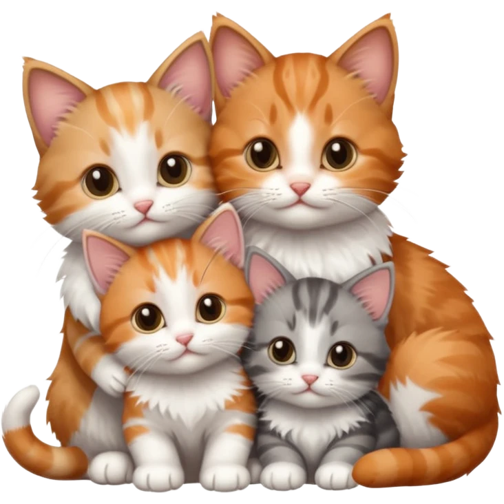 3 tiny kittens cuddling together all different colours, the first one is grey and white, the second is ginger and white and the third is brown tabby and white emoji