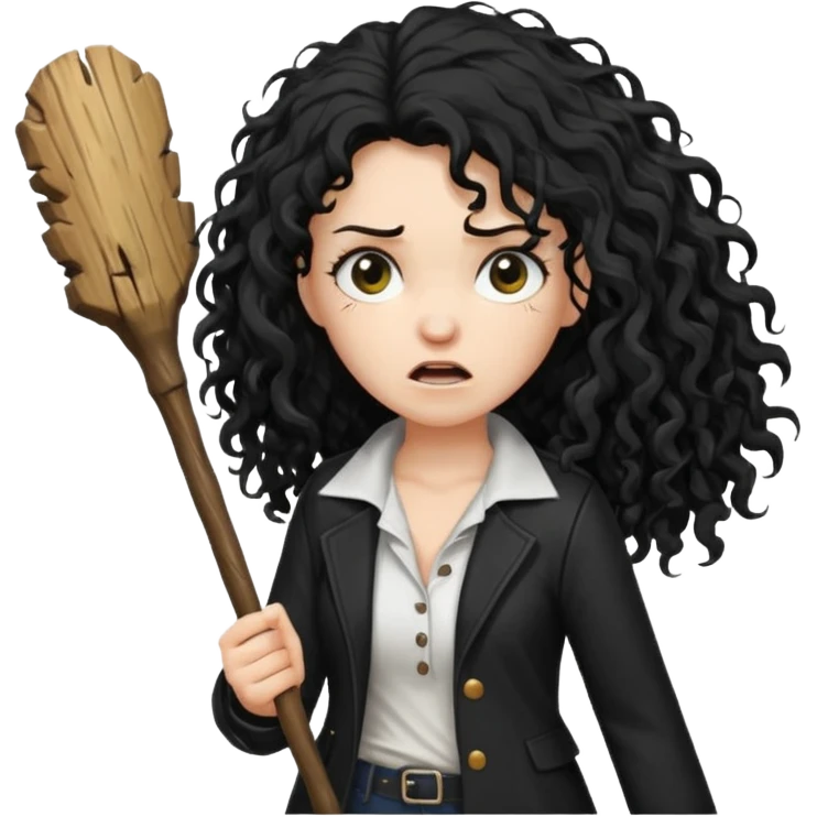 Hey, please generate me an emoji that depicts a woman white skin long black curly disheveled hair slightly thicker, she is wearing a white T-shirt and a black unbuttoned jacket she is furious she is holding a large wooden stick from a tree in her hands emoji