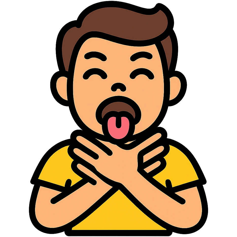 person pretending to choke themselves in a slapstick, exaggerated way, silly face, tongue out, comical hands on neck, vibrant colors emoji