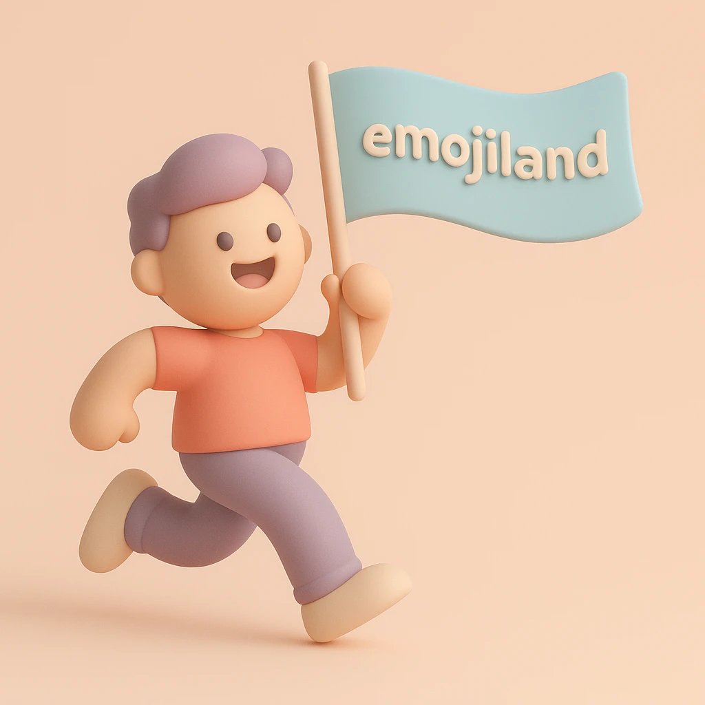 happy runner waving a flag that says 'emojiland' emoji