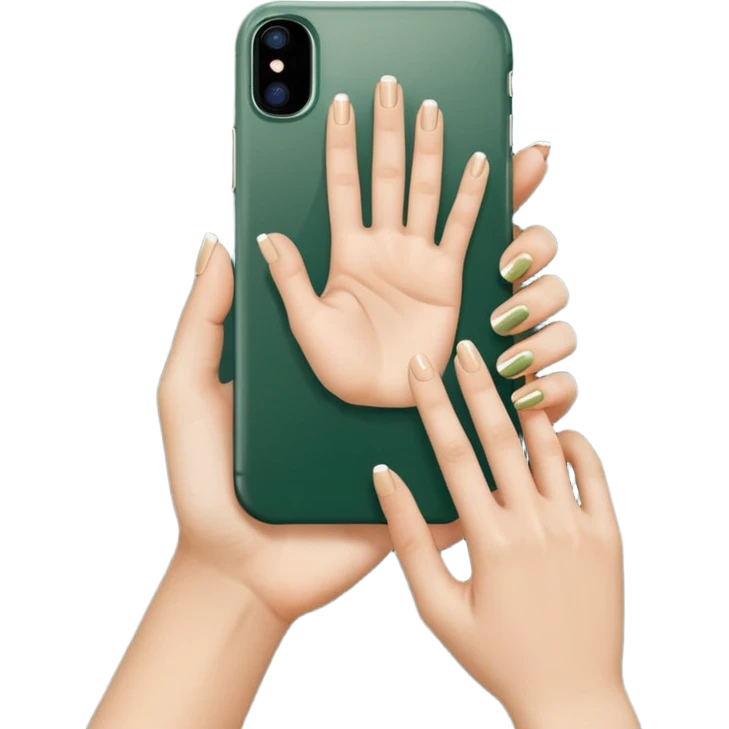 female hand with nude manicure showing 5 fingers holding a white iPhone in a dark green case, top view, emoji style emoji