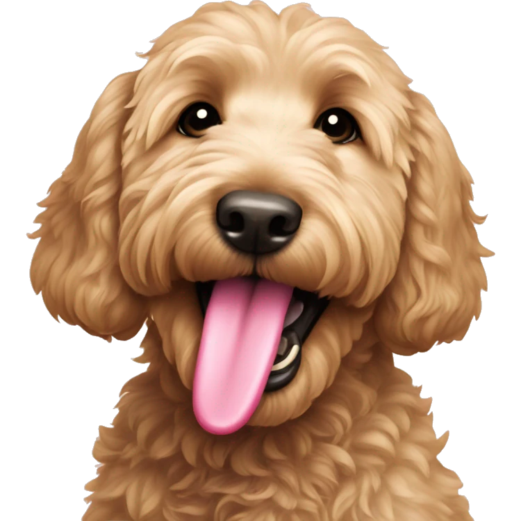 Goldendoodle with pink collar and tongue out emoji