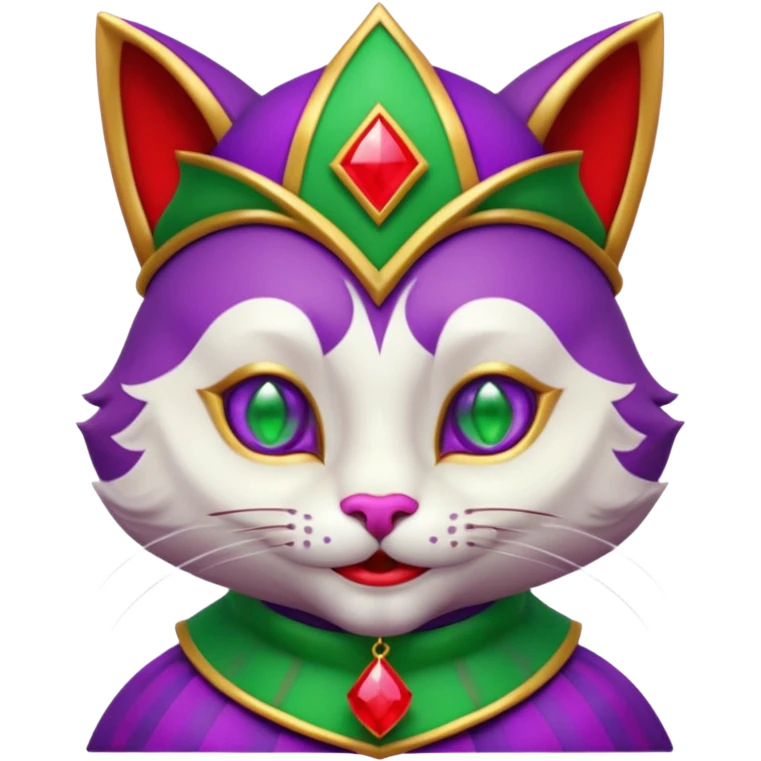crazy colorful cute little cat jolly joker from poker, medieval, vintage, court jester, mac os icon, purple, gold and red color, half body, emerald green ice eyes. Squared shape as 3D mac os icon, symmetrical emoji