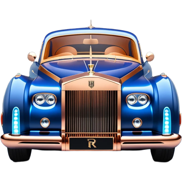 dark blue led lights on a streamlined channeled hot rodded delicately inlaid rose gold and wood accentuated sporty 1959 Rolls Royce with futuristic electric spaceship plasma neon glowing motors and lightening dynamos with wide racing wheels that are held strong by advanced suspension and steering emoji