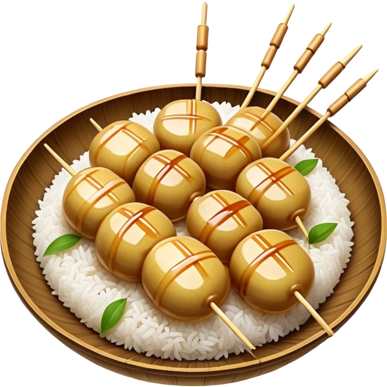 Mitarashi dango with shiny soy sauce glaze drizzled over white rice dumplings on a bamboo skewer emoji