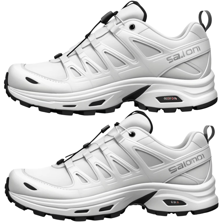 Pure white Salomon XT-6 shoes with zero colored elements, one arranged behind the other, minimal iOS emoji aesthetic, clean white sneakers emoji