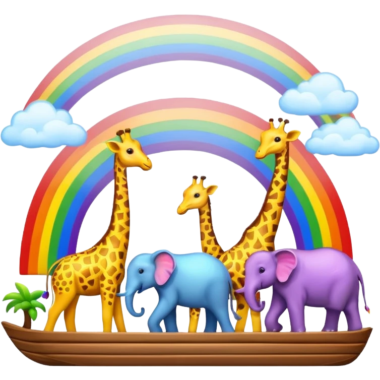 Cartoon ark with giraffes, elephants, rainbow emoji