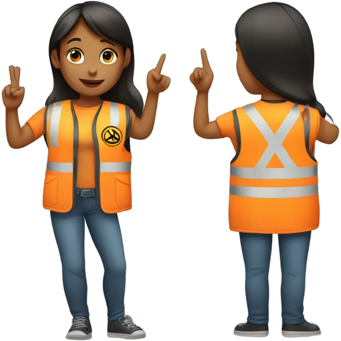 A girl with a safety vest on with a peace sign  emoji
