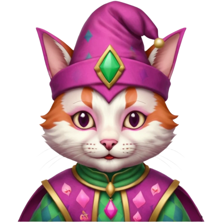 court jester cat medieval, single poker card joker clearly visible, pink, face only, court jester cap emoji
