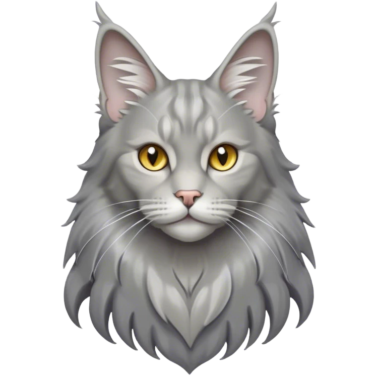 Cinematic Grey Maine Coon Cat Portrait Emoji, Elegant and alert, sleek grey, silver, and white tones, Simplified yet sharp features, highly detailed, glowing with a cool, confident glow, high shine, intelligent and poised, stylized with an air of grace, focused and attentive, soft glowing outline, capturing the essence of strength and sophistication, so lifelike it feels as though it could spring into motion with its majestic tail swishing at any moment! emoji
