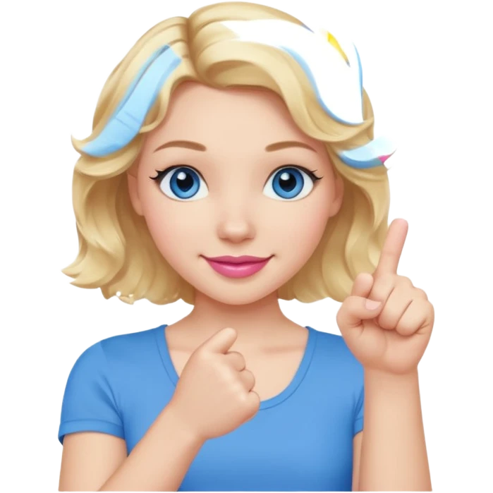 Girl Blonde short wavy hair,  blue eyes, cute blue top, long lashes, pink lips, smiling, fist bump emoji