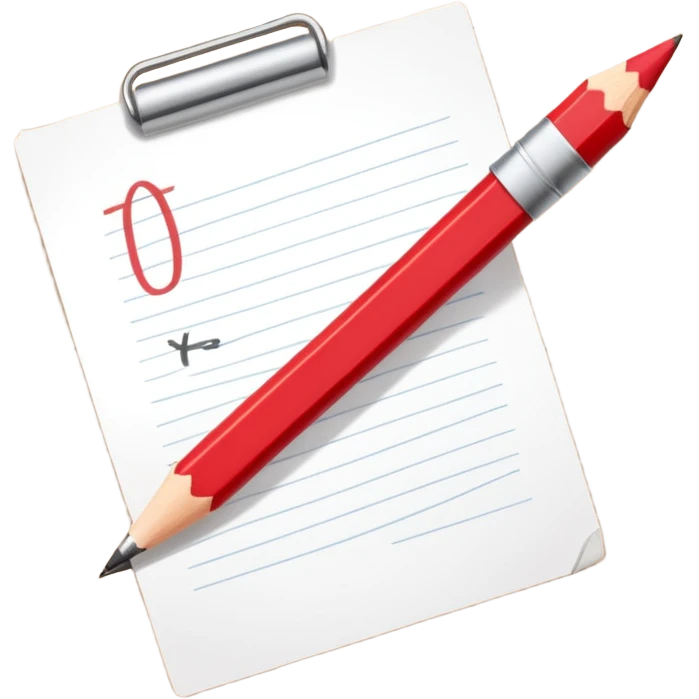 A red pencil in front of a small paper with minimal writing on it emoji