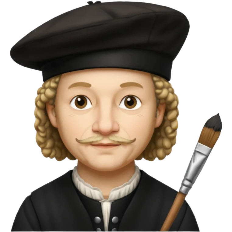 Rembrandt wear black beret hat, hold a brush emoji