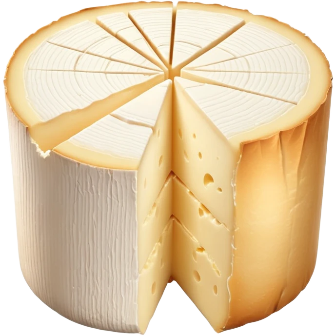 small cylindrical wheel of Chaource cheese with soft wrinkled white rind and creamy pale ivory interior, one clean slice showing dense slightly oozy center, upright shape with rounded edges and bloomy textured surface, soft lighting, subtle shadows, emoji scale emoji