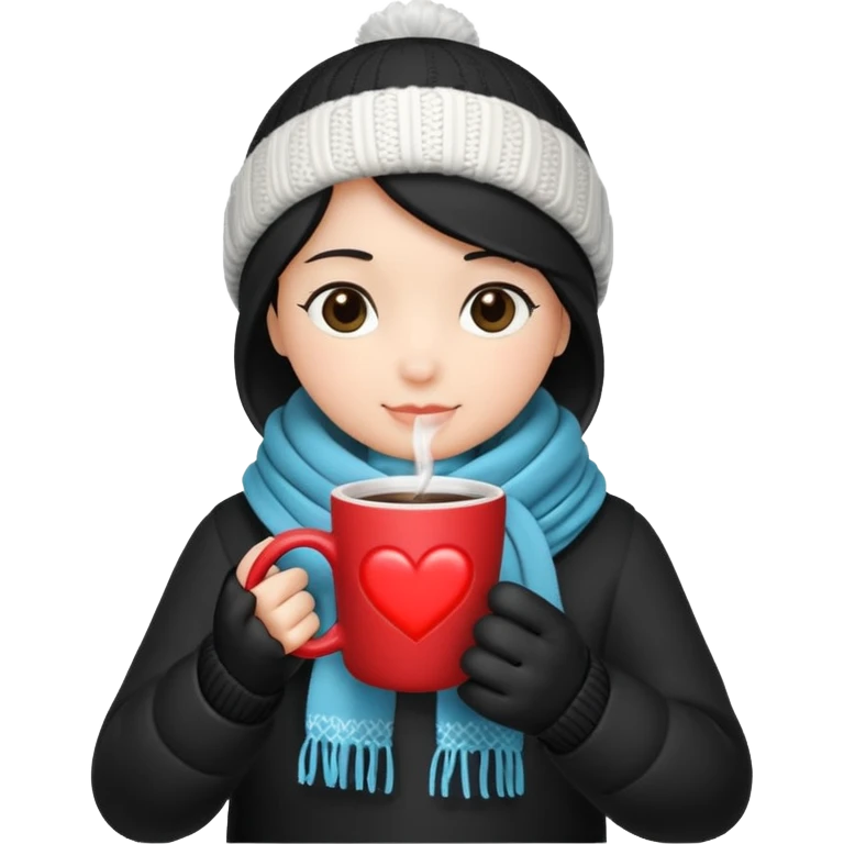 cutest black heart with a winter scarf and a hot drink in hand emoji
