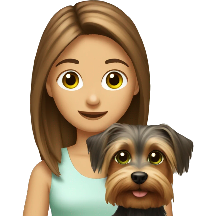 Girl with brown hair and green eyes is holding a silky terrier dog  emoji