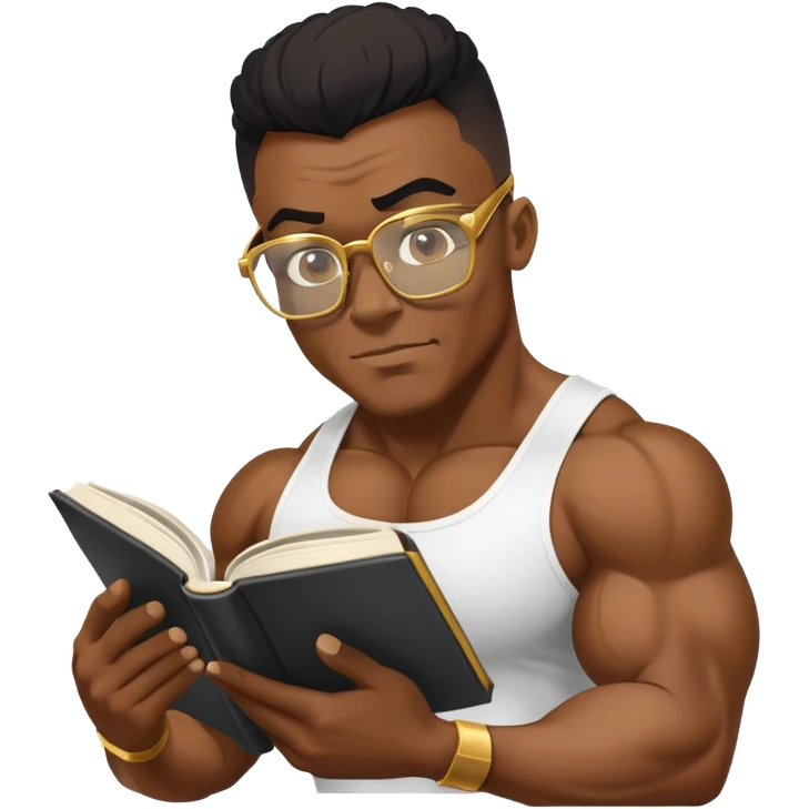 black bodybuilder with gold glasses reading emoji