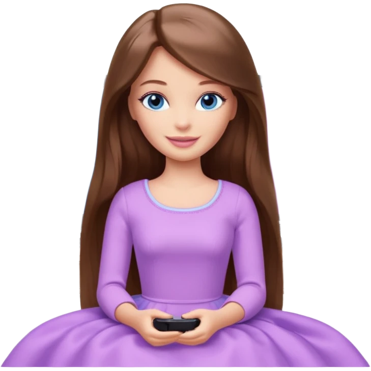 beautiful barbie girl with long brown hair, blue eyes and wearing light purple clothes watching netflix on tv emoji