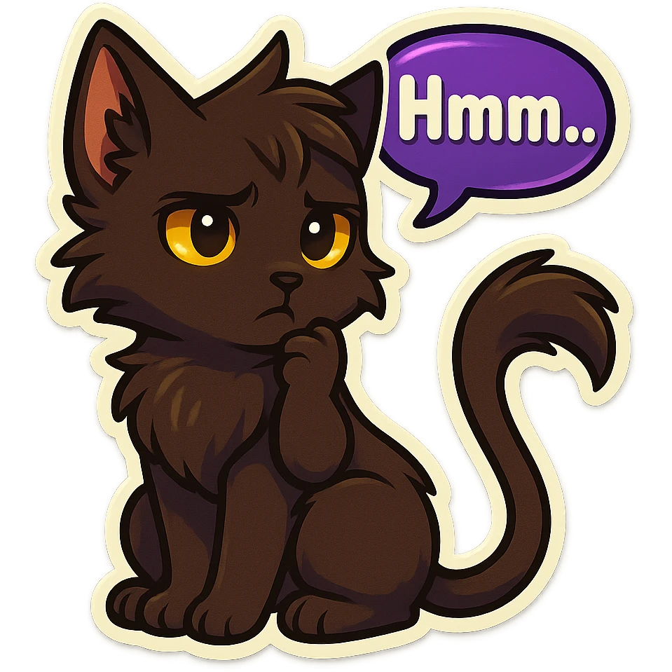 a dark-brown fluffy cute kawaii anthropomorphic furry anime cat-furry with tufted ears, golden eyes, and a long thin tufted tail, thinking, frowning thoughtfully, saying “Hmm..” with a purple speech bubble, (cartoon style) (cute anime style) (furry style) (deviantArt style) (artist style: Kamirah) emoji